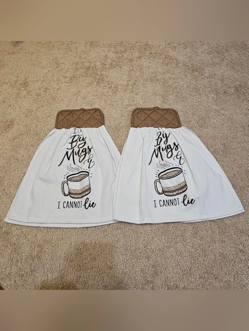 2 Handcrafted Potholders Attached To Towels | Brown + White | Big Mugs
